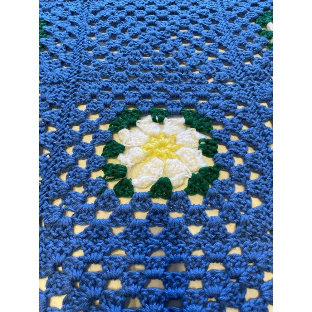 Vintage Handmade Crochet Granny Square Floral Afghan Blanket Blue White 78x80